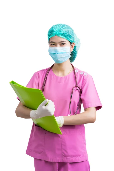 Portrait of Medical physician doctor or nurse uniform wearing surgical mask holding clipboard isolated on white background, mature female medical nurse or practitioner with stethoscope look at camera. Healthcare concept