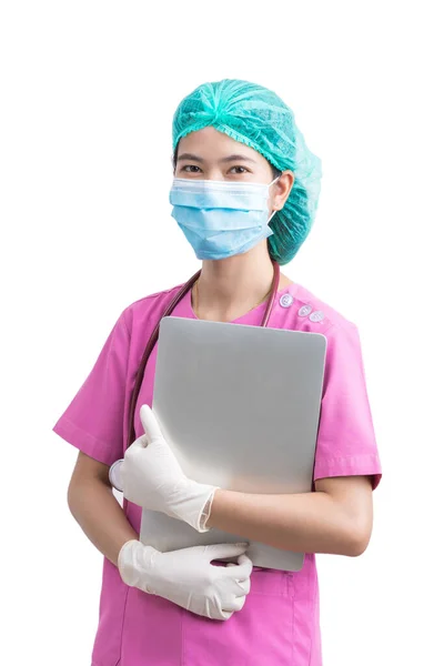 Portrait Medical Physician Doctor Nurse Uniform Wearing Surgical Mask Computer Royalty Free Stock Photos