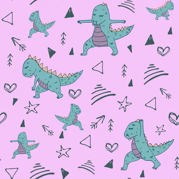 Dinosaur in yoga asana seamless pattern — Stock Vector