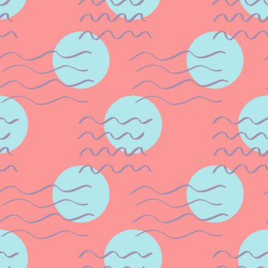 Handdrawn fırça dalgası inme ve daire Dikişsiz desen. Memphis tarzı desen. Soyut arka plan.