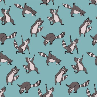 Yoga asana el çizilmiş rakun ile tasarım dikişsiz desen.