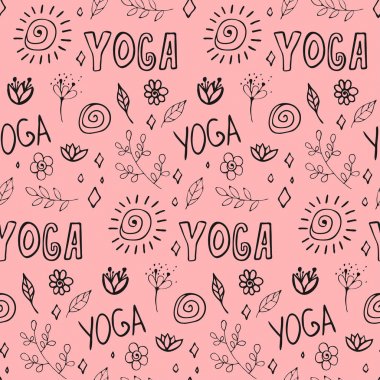 El çizilmiş doodle yoga elemanları dikişsiz desen.