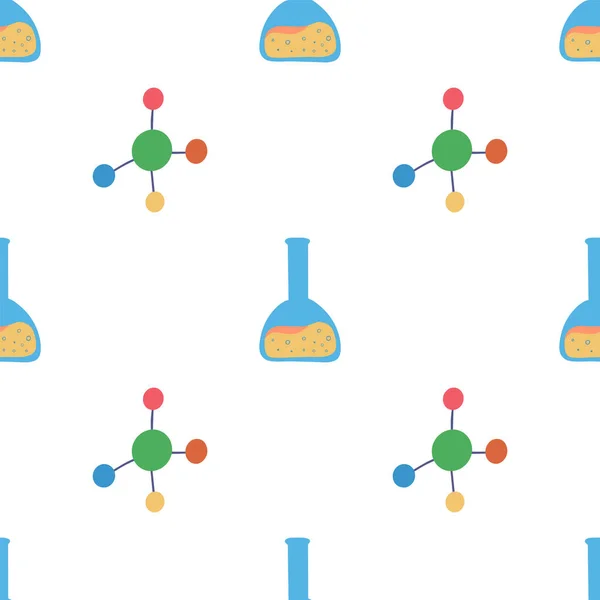 Química patrón sin costura molécula y flas — Vector de stock