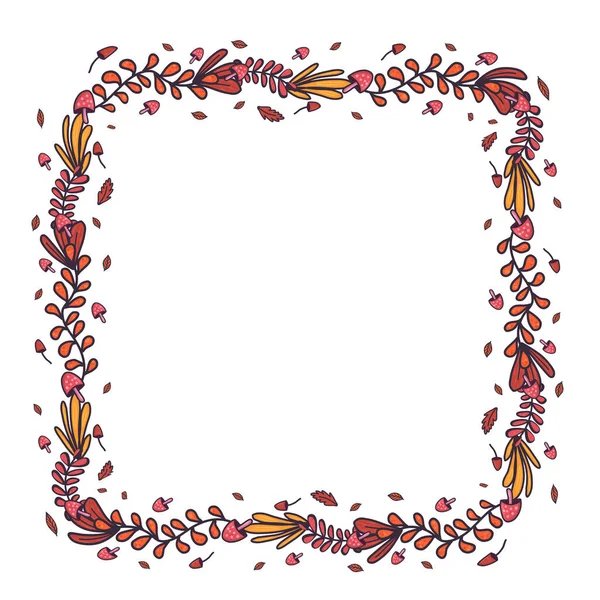 Handgezeichnetes Retro-Set mit Herbstblatt und Pilzen im quadratischen Kranz für Konzeptgestaltung. — Stockvektor