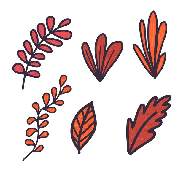 Doodle handgezeichnetes Set mit orangefarbenem Blatt und Zweigen auf weißem Hintergrund. — Stockvektor