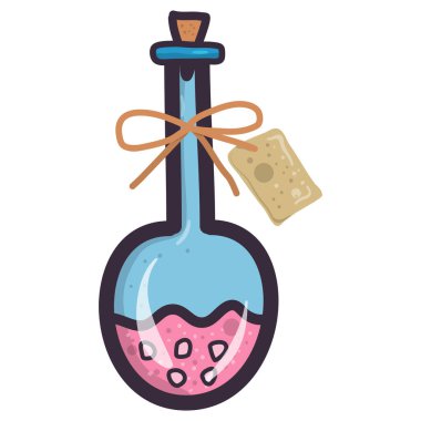 Şeffaf arkaplanda pembe cadı zehri şişesi olan karikatür çizimleri.
