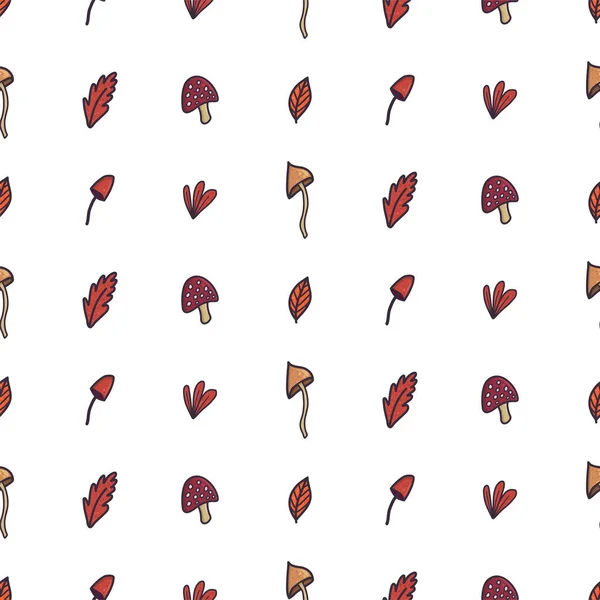 Mooie cartoon set met kleurrijke paddenstoel en blad, naadloos patroon voor decoratief ontwerp. — Stockvector