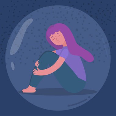 Mavi arkaplanda balonun içinde oturan kişi.