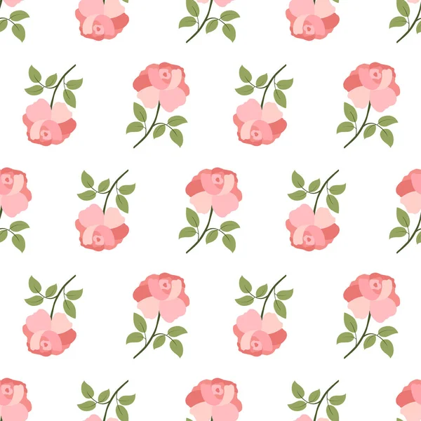 Naadloos patroon met kleurrijke roze roos bloem en blad op witte achtergrond. — Stockvector