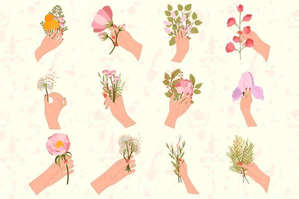 Große Gruppe von 12 Händen halten Sträuße mit Blumen. — Stockvektor