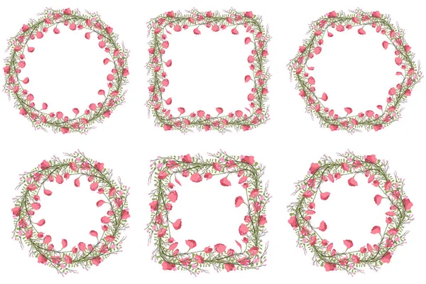 Collection vintage avec fleurs de pois roses, cadre de couronne de feuilles vertes. — Image vectorielle