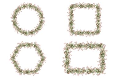 Bir demet pembe çiçek ve yeşil yaprak dallı tebrik kartı için geçmişe dönük çelenk tasarımı.