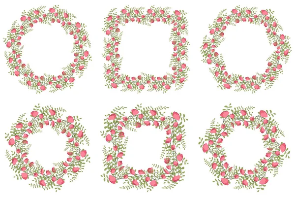 Carte de vœux rétro avec fleur de pois doux rose et couronne de branches de feuilles vertes. — Image vectorielle