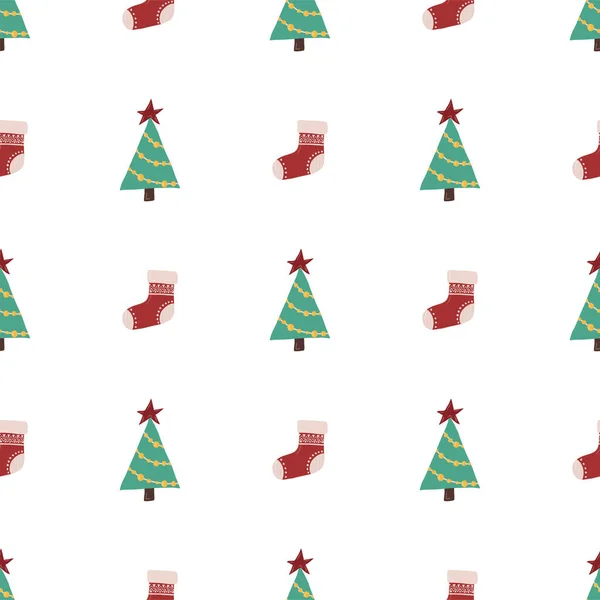 Padrão sem costura retro com árvore de Natal e meia vermelha para design de papel e tecido. —  Vetores de Stock