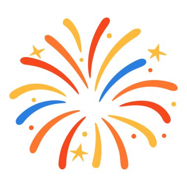 Kıvrımlı kırmızı ve mavi havai fişekler çizgi film tarzında yıldızlarla patladı. Şeffaf arkaplanda izole edilmiş. Düz biçimli stok vektör illüstrasyonu.