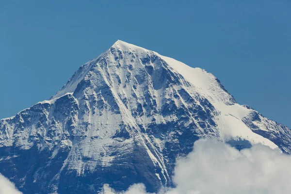 Cima de la montaña nevada Moench en Suiza, cielo azul — Foto de Stock