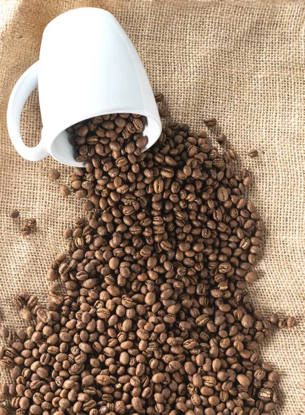 コーヒーカップとコーヒー豆を上から見たとき — ストック写真