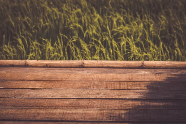 여름 산 풍경 쌀 필드 녹색 환경 휴가 배경 바닥 나무 판자 — 스톡 사진