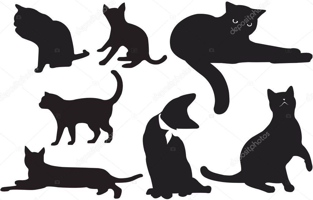 vector figure cat outline cleaning sitting curious walking  action character solid black color isolated white background