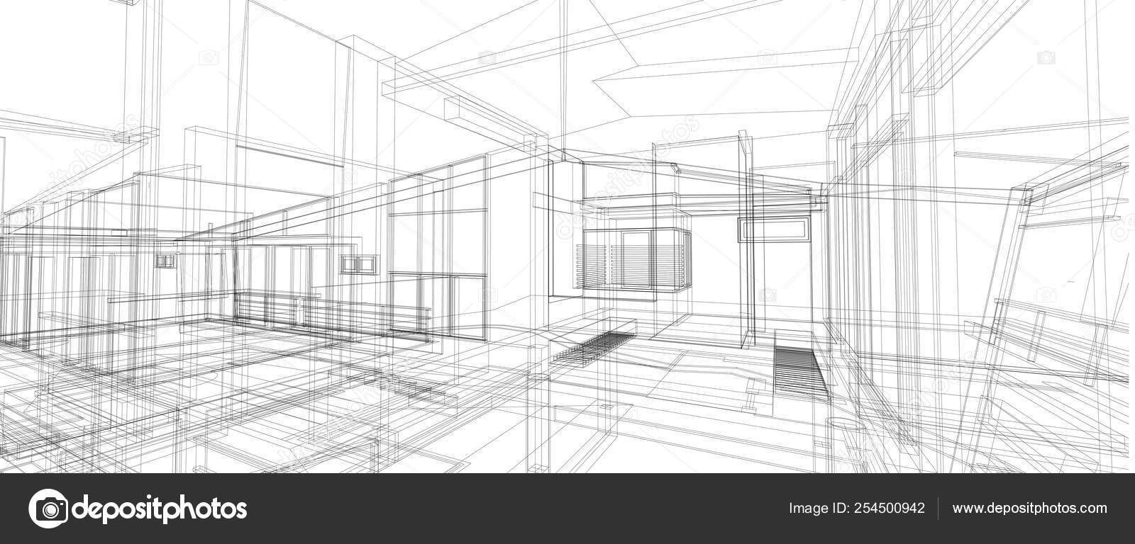 建筑室内空间设计理念3d 透视线框渲染隔离白色背景——图库图片© nun.prctm@gmail.com #254500942, image size:1600x768