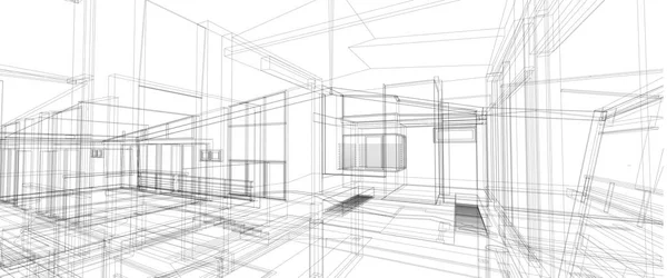 Architektur Innenraum Design Konzept 3d Perspektive Draht Rahmen Rendering isoliert weißen Hintergrund — Stockfoto