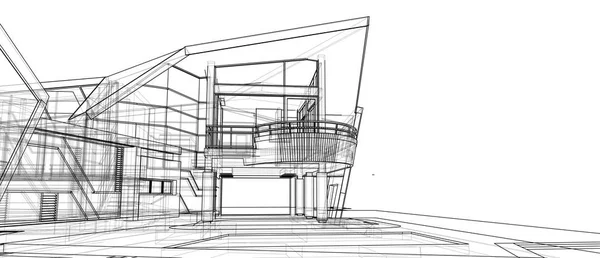 Концепція дизайну зовнішнього фасаду архітектури 3d перспектива чорний каркас візуалізації ізольованого білого фону — стокове фото