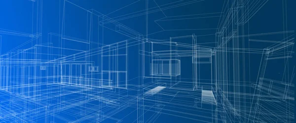 Architecture interior space design concept 3d perspective white wire frame rendering gradient blue background