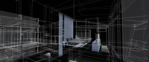 Архітектура концепція дизайну інтер'єру 3d перспектива дротяної рами, що відображає чорний фон — стокове фото