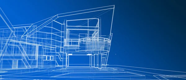 Mimari cephe dış tasarım kavramı 3d perspektif beyaz tel kafes işleme degrade mavi arka plan