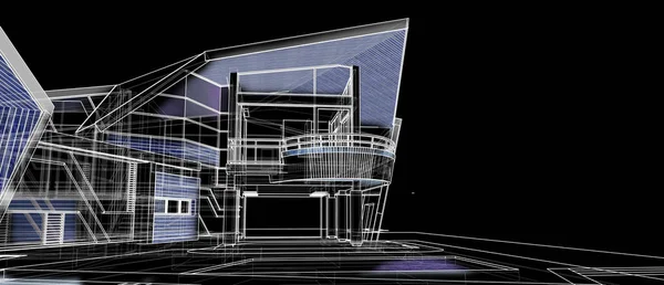 Αρχιτεκτονική εξωτερική πρόσοψη σχεδιασμό έννοια 3d προοπτική πλαίσιο καλωδίων απόδοση μαύρο φόντο — Φωτογραφία Αρχείου