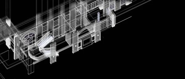 Építészet belső lépcső oszlop windows elem design koncepció 3d perspektivikus fehér drótváz anyag színes fekete háttér renderelés — Stock Fotó