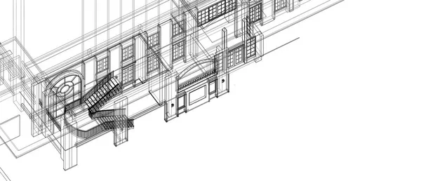 建築インテリア階段列 windows 要素設計概念 3 d 視点黒色のワイヤ フレーム レンダリング分離の白い背景の上 — ストック写真
