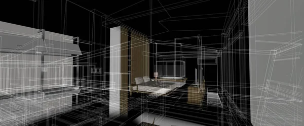 Építészet beltéri bútorok design koncepció 3d perspektivikus drót keret fekete háttér renderelés — Stock Fotó