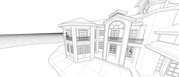 Architektur Außenfassade Design Konzept 3d Perspektive Draht Rahmen Rendering isoliert weißen Hintergrund — Stockfoto
