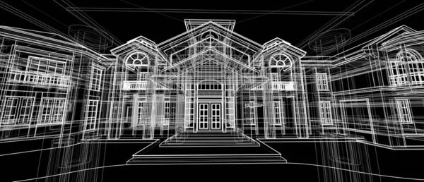 Architektúra design külső koncepció 3D perspektíva drót frame renderelés fekete háttér. — Stock Fotó