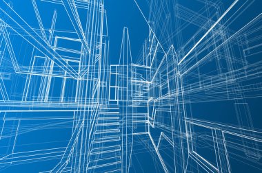 Mimari iç spae tasarım konsepti 3d perspektif beyaz tel kafes işleme gradyan mavi