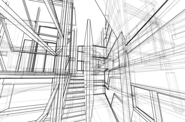 Arquitectura espacio interior diseño concepto 3d perspectiva marco de alambre representación aislado fondo blanco —  Fotos de Stock