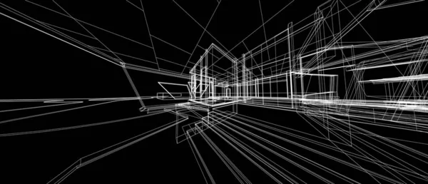 Arquitetura conceito de design 3d perspectiva armação renderização fundo preto — Fotografia de Stock