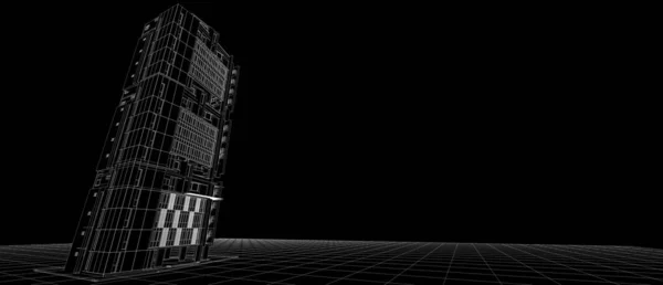 Építészet külső homlokzat tervezési koncepció 3D építési terv fehér drót frame renderelés fekete háttér — Stock Fotó
