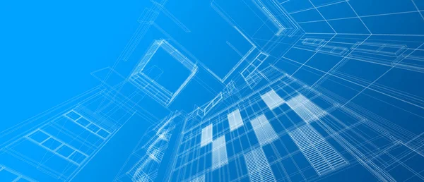 Architecture building space design concept 3d perspective white wire frame rendering gradient blue color background