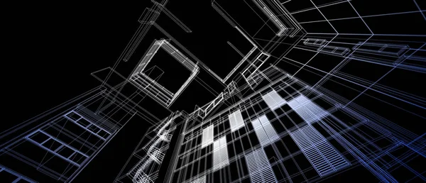 Architecture building space design concept 3d perspective gradient color wire frame rendering black background