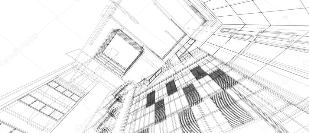 Architecture building space design concept 3d perspective wire frame rendering isolated white background