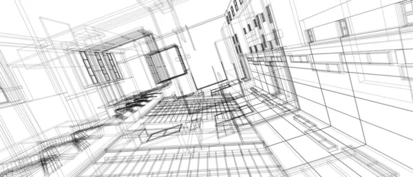 Architektur Gebäude Raum Design Konzept 3D Perspektive Draht Rahmen Rendering isoliert weißen Hintergrund — Stockfoto