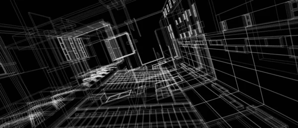 建築建築空間設計コンセプト3Dパースペクティブ白線フレームレンダリング黒い背景 — ストック写真
