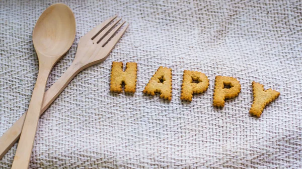 Cookies Form Des Alphabets Prospekt Glücklich Von Hausgemachten Keksen Auf — Stockfoto