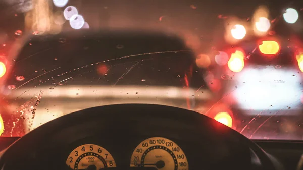 Intérieur Voiture Quand Pleut Flou Déconcentré Lumière Sur Route Dans — Photo