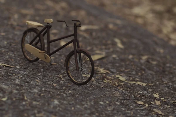 Wooden bicycle in Park. Vintage handmade toy transportation image