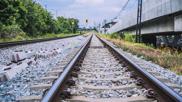 Prázdná Železnice Bez Vlaku Lidí Selektivní Zaměření Ročník Železnice Krásná — Stock fotografie