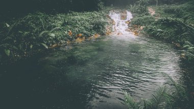 Sabah sisi şelalenin üzerinde yükselir canlı yeşil bir doğa manzarasıyla çevrilidir.
