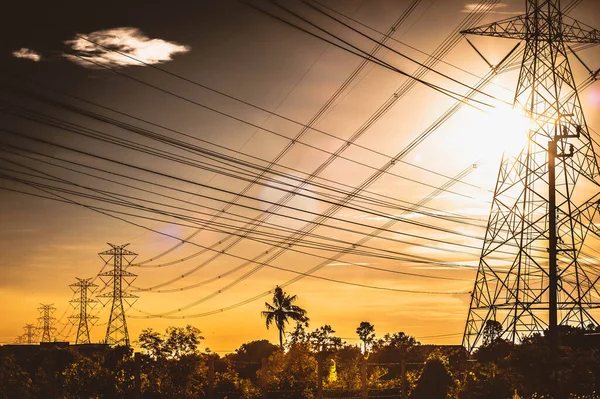 Der Stromleitungsmast Des Kraftwerks Auf Dem Feld Hintergrund Des Sonnenuntergangs — Stockfoto
